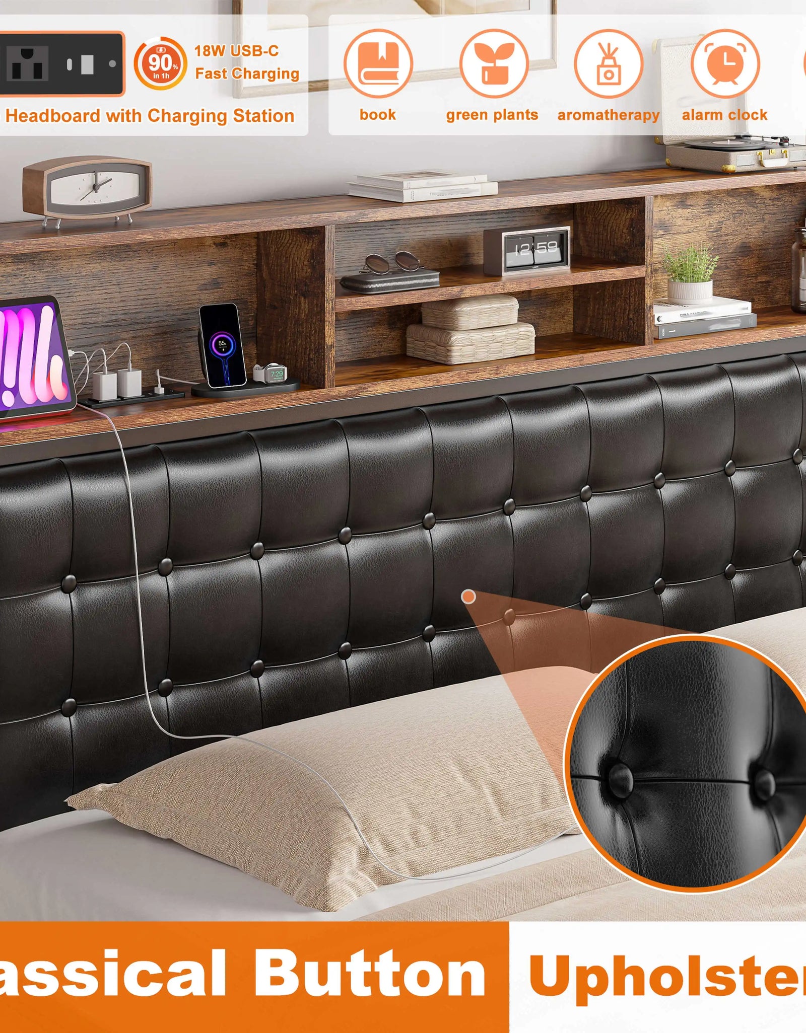 EnHomee Full/Queen/King Bed Frame with Charging Station and 4 Storage Drawers Platform Bed Frame with Upholstered Headboard No Noise