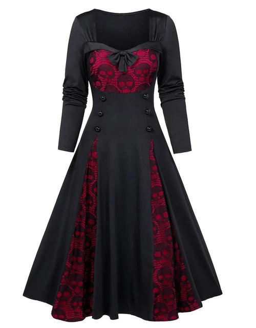Load image into Gallery viewer, Gothic Dresses Women Long Sleeve Low Cut Lace Splicing Long Dress Dark Punk Court Style Tie Waist Buttons Up A-Line Maxi Dress
