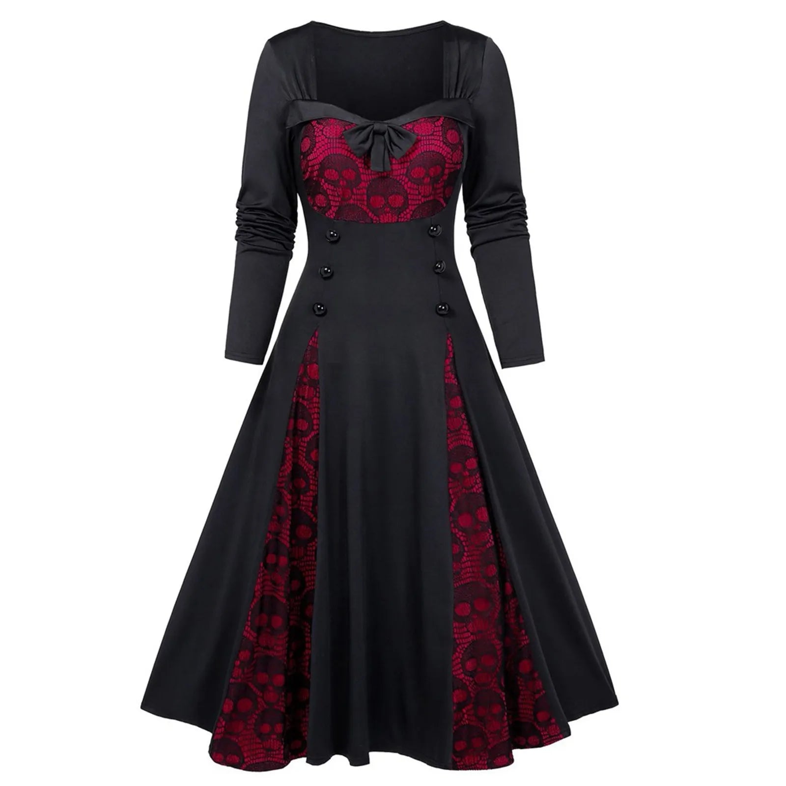 Gothic Dresses Women Long Sleeve Low Cut Lace Splicing Long Dress Dark Punk Court Style Tie Waist Buttons Up A-Line Maxi Dress