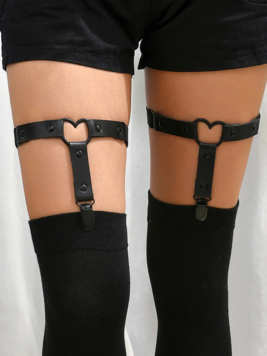 Punk Metal Tassel Pendant Pink Adjustable Heart Leg Garter With Anti-Slip Clips,Elastic Y2K Gothic Thigh Garter For Ladies Black