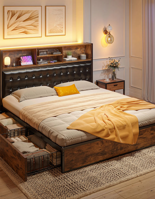 Load image into Gallery viewer, EnHomee Full/Queen/King Bed Frame with Charging Station and 4 Storage Drawers Platform Bed Frame with Upholstered Headboard No Noise
