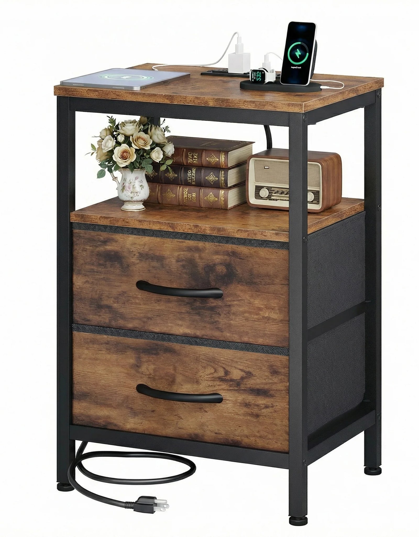 JHK 2 Fabric Drawers Night Stand with Open Shelf Bedside Table with USB Ports Charging Station Storage End Table for Living Room